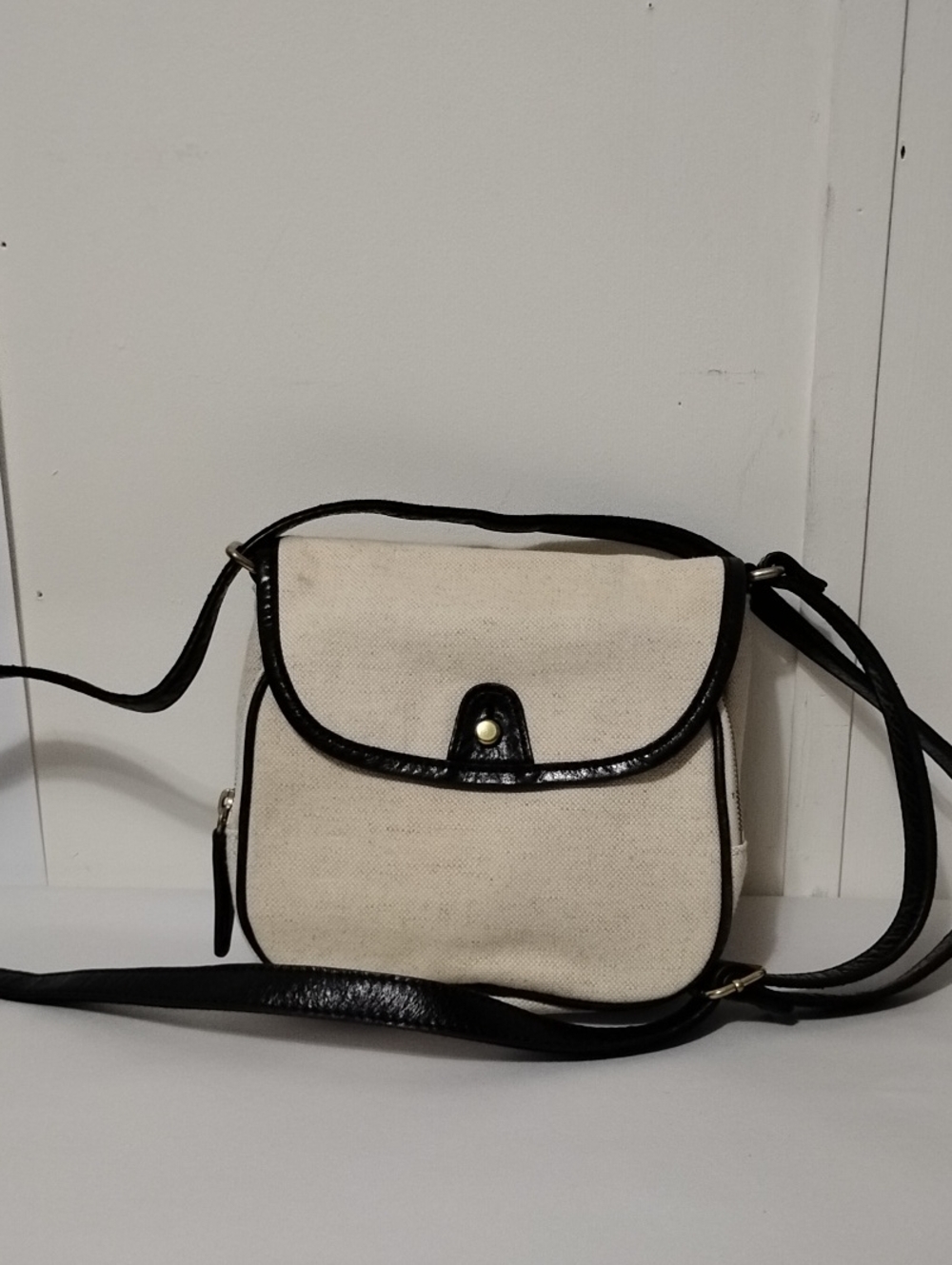J.Crew Canvas Crossbody Saddle Bag with Black Trim - Classic Neutral Style